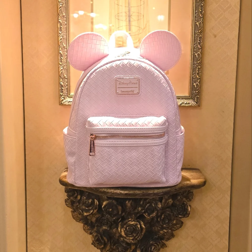 Loungefly Pink Rose Gold Woven Minnie Mouse Ear Backpack Disney Parks Disneyland